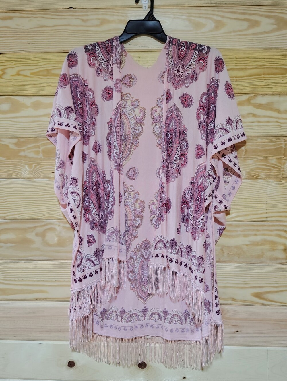 Pink Paisley Velvet Burnout Fringe Open-Front Kimono Duster Feminine Whimsigoth